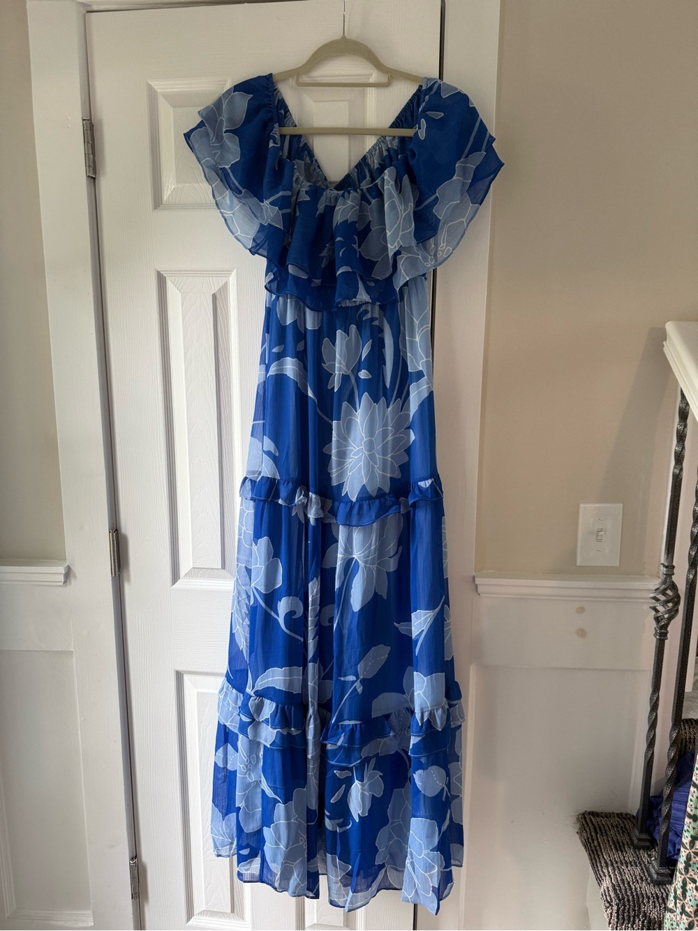Sugarlips Seabloom Floral Gauri Off-the-Shoulder Maxi Dress in cobalt blue M EC1